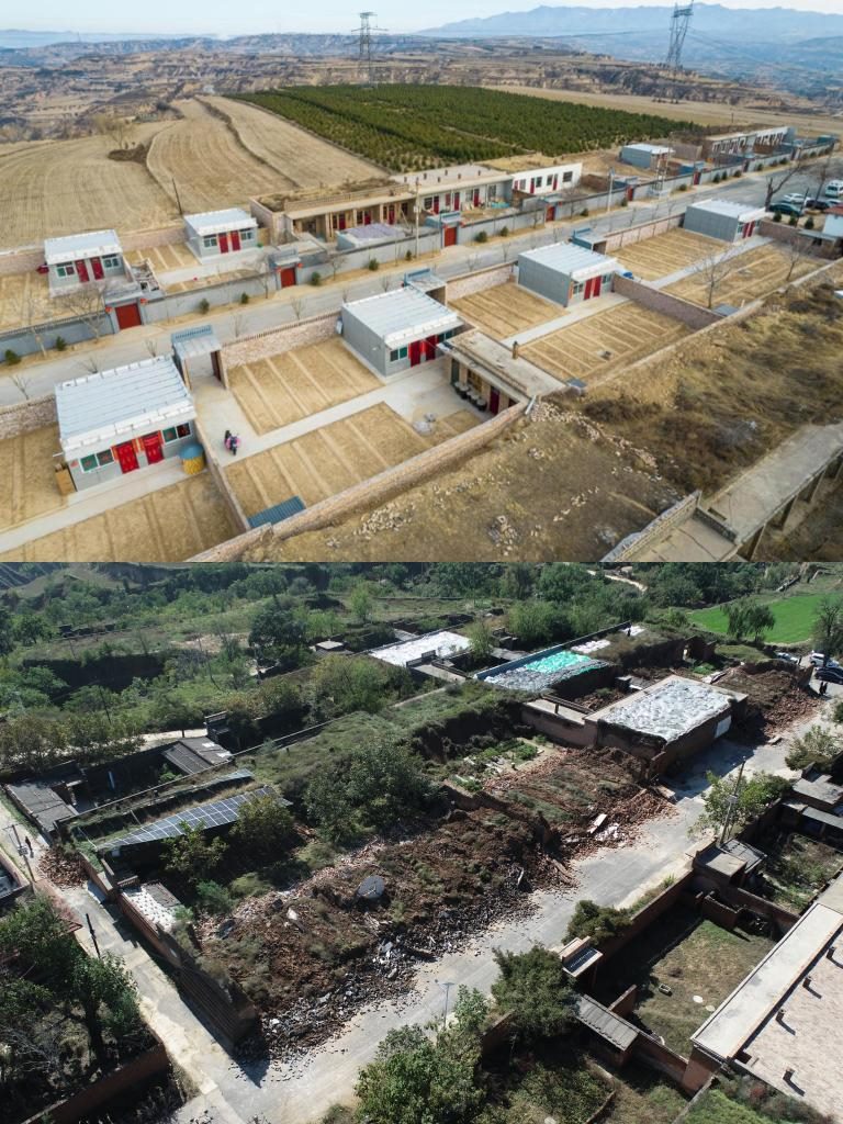 拼版照片，上圖是2022年1月山西省霍州市師莊鄉(xiāng)馮南垣村災(zāi)后恢復(fù)重建后的場(chǎng)景，下圖是2021年10月村莊因?yàn)?zāi)受損的場(chǎng)景。(霍州市委宣傳部供圖)