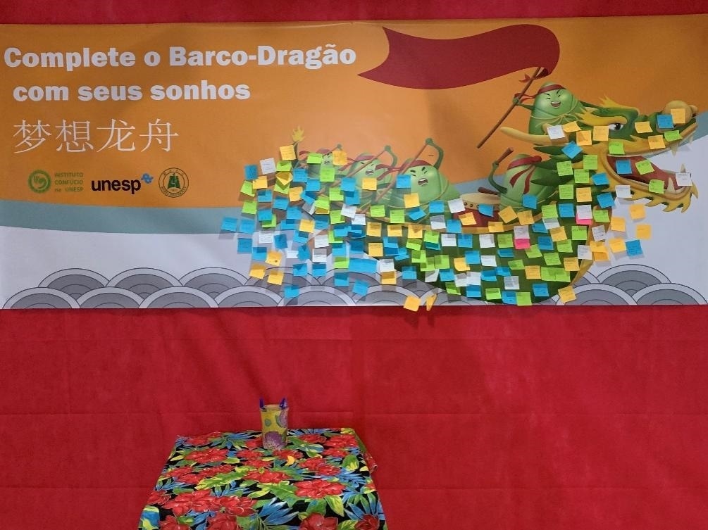 活動現(xiàn)場設(shè)置了“夢想龍舟”環(huán)節(jié)，大家將自己寫下的心愿貼在“龍舟”上，期盼“龍舟”承載自己的夢想駛向更美好的未來。（圣保羅州立大學(xué)孔子學(xué)院供圖）