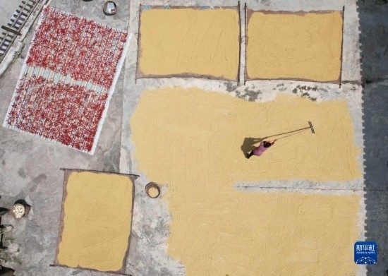 9月16日，村民在貴州省黔東南苗族侗族自治州施秉縣馬溪鄉(xiāng)王家坪村晾曬稻谷（無(wú)人機(jī)照片）。