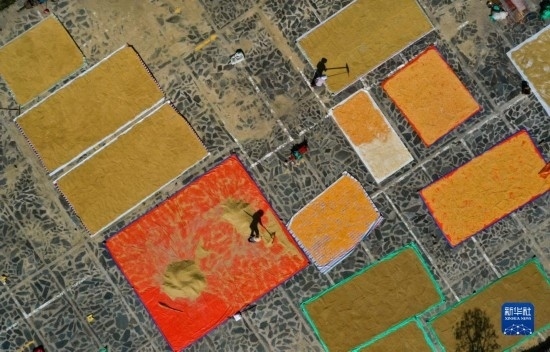 9月16日，貴州省黔東南苗族侗族自治州丹寨縣南皋鄉(xiāng)石橋村村民在晾曬農(nóng)作物（無(wú)人機(jī)照片）。