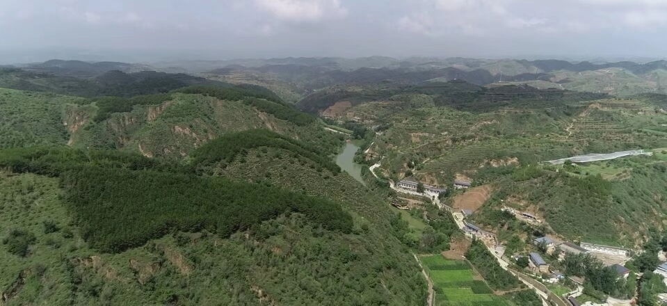 黃土溝壑中的高西溝村滿眼綠色（無人機(jī)照片，2023年7月26日）。新華社記者陳昌奇 攝