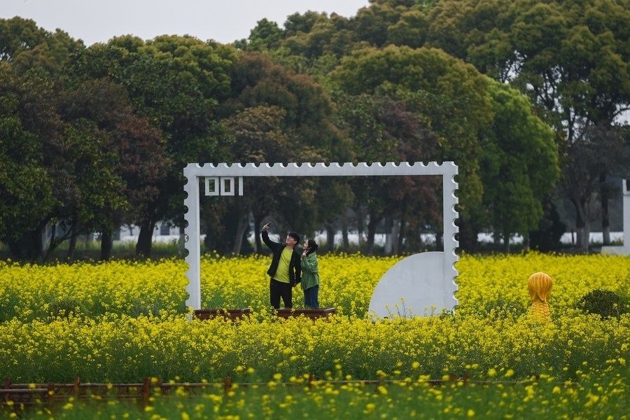  游客在浙江嘉興市秀洲區(qū)王店鎮(zhèn)鎮(zhèn)中村的“青青樂地”農(nóng)耕文化園內(nèi)游玩（2023年4月3日攝）。