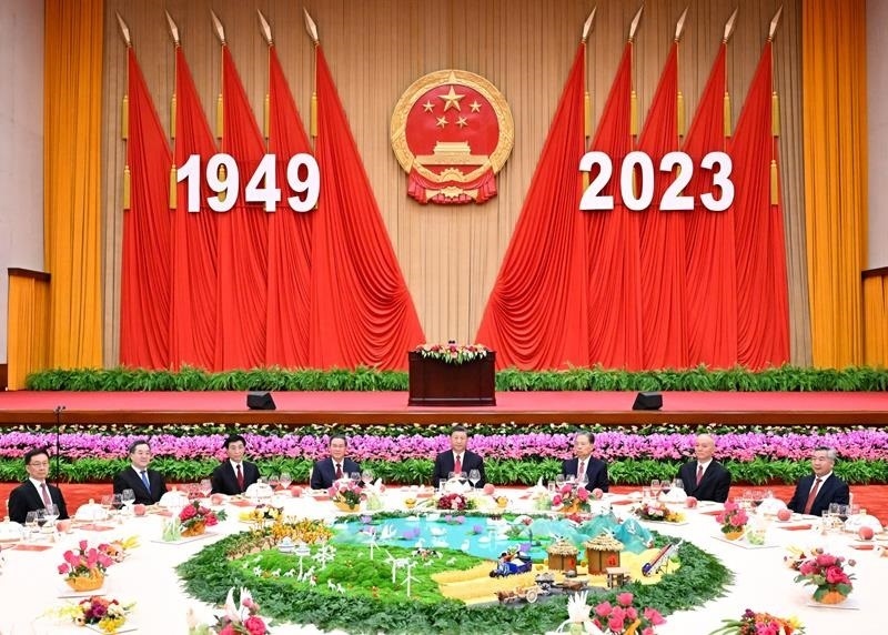 △2023年9月28日，慶祝中華人民共和國成立74周年招待會(huì)在北京人民大會(huì)堂舉行。