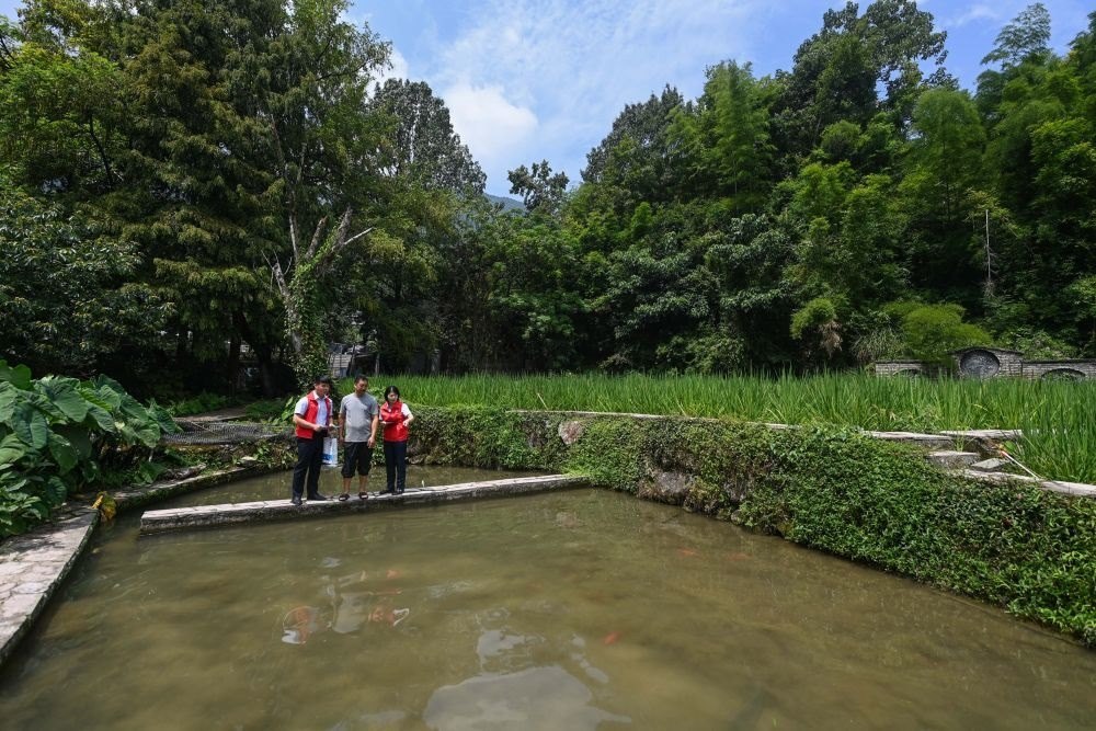 2023年8月17日，浙江省麗水市青田縣方山鄉(xiāng)田魚(yú)養(yǎng)殖戶(hù)吳勇強(qiáng)（中）在接受青田農(nóng)商銀行“小蜻蜓”服務(wù)隊(duì)志愿者提供的“惠民易貸”上門(mén)服務(wù)。近年來(lái)，青田縣金融發(fā)展中心聯(lián)合各個(gè)金融機(jī)構(gòu)優(yōu)化配套鄉(xiāng)村振興金融服務(wù)，推出“惠民易貸”“農(nóng)家樂(lè)貸”等金融產(chǎn)品，重點(diǎn)支持涉農(nóng)龍頭企業(yè)及特色種養(yǎng)殖產(chǎn)業(yè)。新華社記者 徐昱 攝
