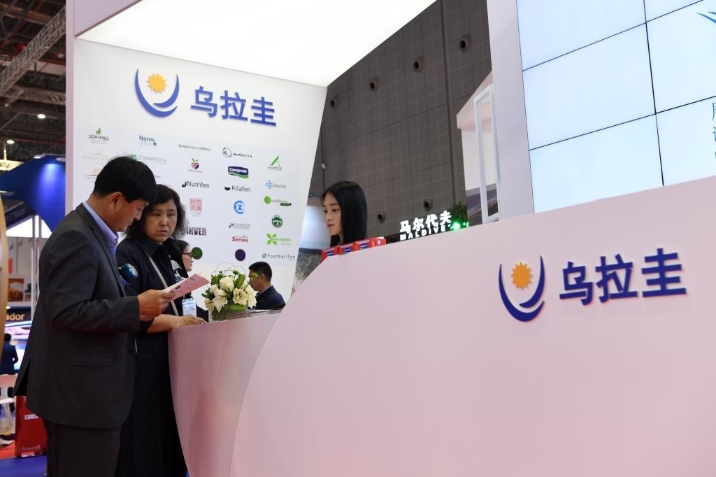 2019年11月6日，參觀者在第二屆進(jìn)博會(huì)烏拉圭國(guó)家館展臺(tái)咨詢。