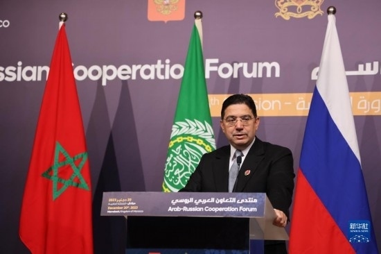 12月20日，在摩洛哥南部城市馬拉喀什舉行的第六屆阿拉伯-俄羅斯合作論壇主議程結束后，摩洛哥外交大臣布里達在記者會上講話。新華社記者霍晶攝