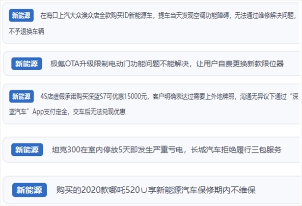 “人民投訴”用戶(hù)吐槽新能源汽車(chē)功能障礙多發(fā)、升級(jí)后配套服務(wù)跟不上、虛假優(yōu)惠、保修期內(nèi)不維保的問(wèn)題。（“人民投訴”平臺(tái)截圖）
