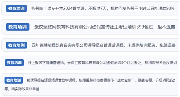 “人民投訴”用戶(hù)舉報(bào)機(jī)構(gòu)虛假宣傳包過(guò)包拿證、虛假承諾收益效果、課程服務(wù)貨不對(duì)板、退款難等在線(xiàn)教培亂象。（“人民投訴”平臺(tái)截圖）