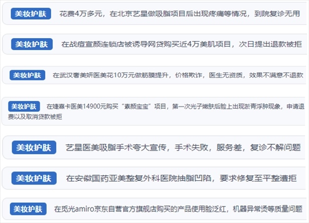 “人民投訴”用戶(hù)舉報(bào)醫(yī)美未達(dá)預(yù)期效果或?qū)е律眢w損傷退款遭拒、機(jī)構(gòu)及服務(wù)人員虛假資質(zhì)、被誘導(dǎo)高額醫(yī)美貸、網(wǎng)購(gòu)美容儀器質(zhì)量不過(guò)關(guān)等問(wèn)題。（“人民投訴”平臺(tái)截圖）