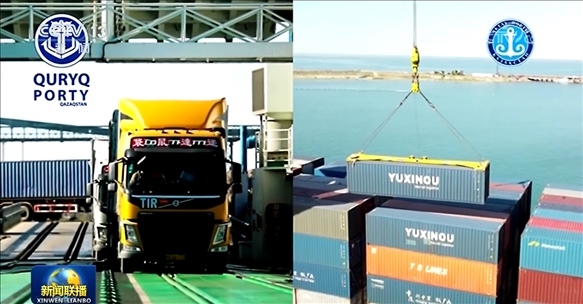 △ 2024年7月3日，中哈兩國元首通過大屏幕觀看車輛登船、集裝箱裝船等實時情況。（新聞聯(lián)播截圖）