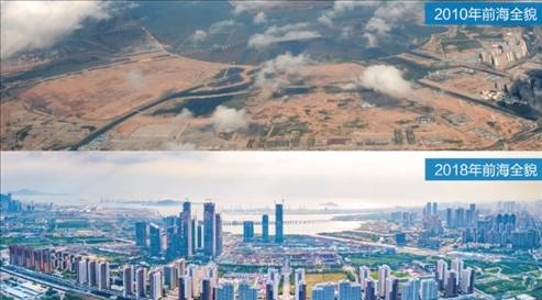 △在前海石公園的前海開發(fā)開放成果展示墻上，一張八年間的前海全貌對比圖。