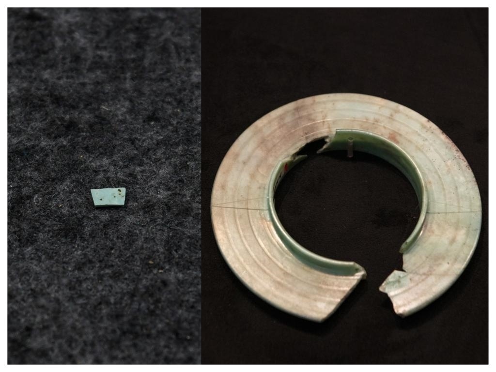 拼版照片：左圖為2024年7月10日拍攝的三星堆遺址出土的綠松石片（新華社記者王曦 攝），右圖為2024年7月21日在三星堆博物館文物保護與修復館拍攝的有領玉璧（新華社記者唐文豪 攝）。