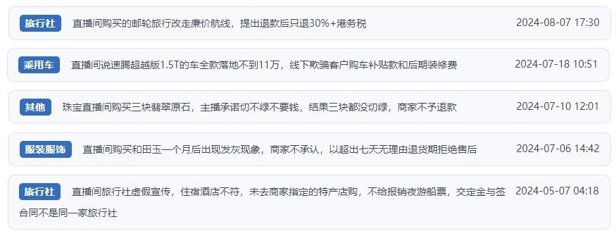 近期網(wǎng)友涉及直播購物相關(guān)投訴問題。（“人民投訴”用戶投訴截圖）