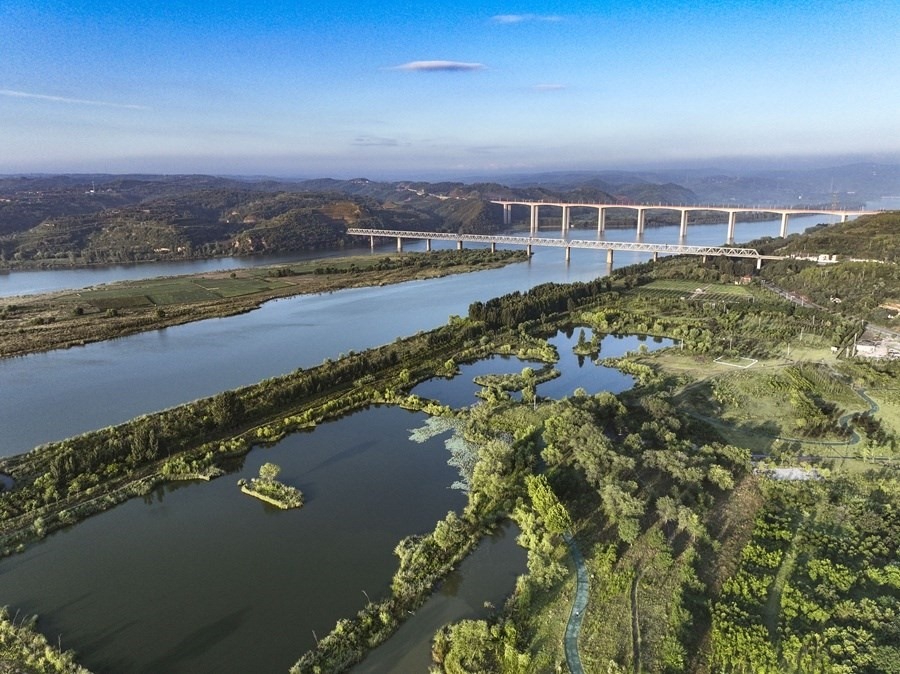 這是2023年8月28日在河南黃河濕地國(guó)家級(jí)自然保護(hù)區(qū)濟(jì)源段拍攝的景色（無(wú)人機(jī)照片）。新華社發(fā) 苗秋鬧 攝