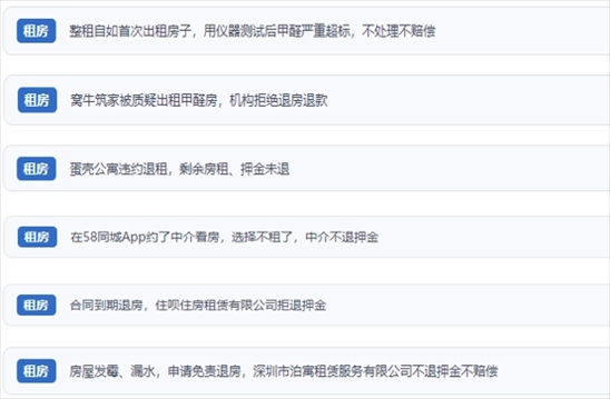 網(wǎng)友涉及租房消費(fèi)中的相關(guān)投訴問題。（“人民投訴”用戶投訴截圖）