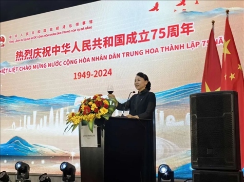 中國駐峴港總領事董碧幽在招待會上致辭。中國駐峴港總領館供圖