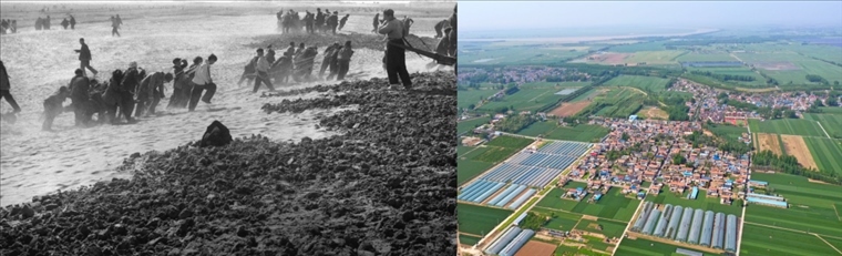 拼版照片：左圖為蘭考群眾在拉淤土壓沙（新華社記者 鄧歷耕 攝）；右圖為2024年4月25日拍攝的蘭考縣張莊村（無人機(jī)照片，新華社記者 郝源 攝）。