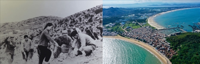 拼版照片：左圖為東山縣群眾在荒山上種植樹苗（資料照片）；右圖為2020年6月18日拍攝的東山縣陳城鎮(zhèn)澳角村附近風(fēng)光（無人機(jī)照片，新華社記者 姜克紅 攝）。