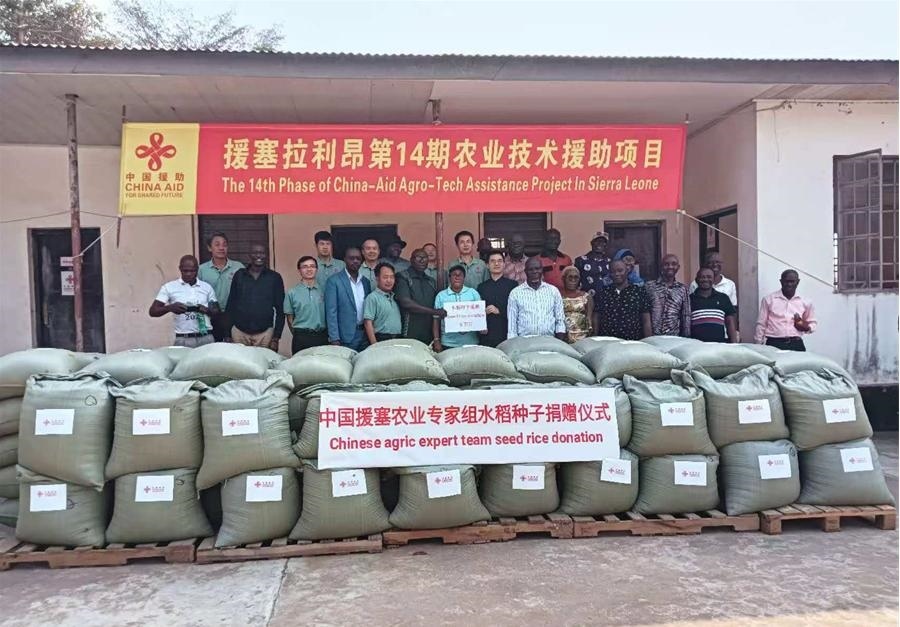 中國援塞拉利昂農(nóng)業(yè)專家組在塞南方省博城舉辦水稻種子捐贈儀式。中國援塞農(nóng)業(yè)專家組供圖