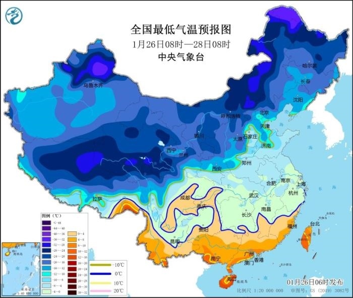 全國最低氣溫預報圖(1月26日08時-28日08時) 圖片來源：中央氣象臺網(wǎng)站