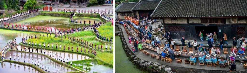 左圖：近期，人們在黎平縣肇興侗寨的田園里演唱侗族大歌（黎平縣委宣傳部供圖）；右圖：這是2023年拍攝的十八洞村長桌宴（湘西州委宣傳部供圖）。