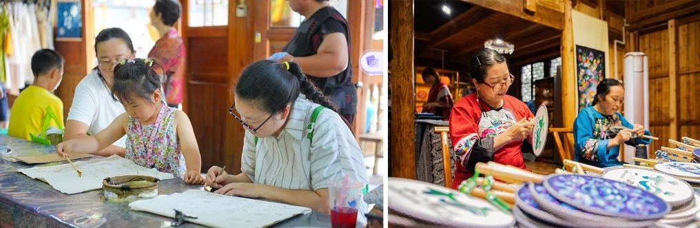 左圖：近期，游客在黎平縣肇興侗寨體驗非遺蠟染藝術(shù)（黎平縣委宣傳部供圖）；右圖：這是2024年拍攝的繡娘在十八洞村梨子寨苗繡鄉(xiāng)村振興示范基地制作苗繡產(chǎn)品（湘西州委宣傳部供圖）。