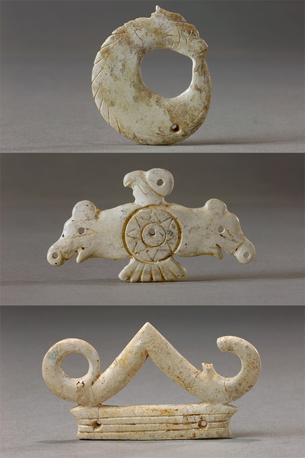 玉龍（上）、玉鷹（中）和玉冠飾（下）。國家文物局供圖