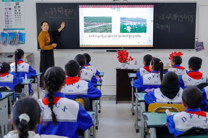 2024年9月27日，在四川省甘孜藏族自治州道孚縣城關(guān)第一完全小學(xué)，采取“藏加模式”教學(xué)的五年級(jí)一班的藏語(yǔ)文課上，準(zhǔn)木周老師指導(dǎo)藏族學(xué)生以家鄉(xiāng)草原風(fēng)物為主題寫(xiě)作藏語(yǔ)文作文。新華社記者 沈伯韓 攝