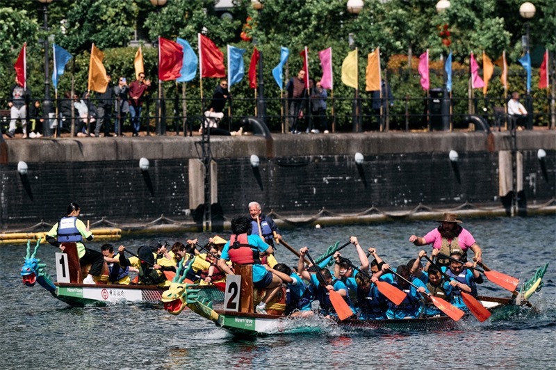 中英雙方的參賽隊(duì)伍參與龍舟競(jìng)渡。楊浩鵬攝