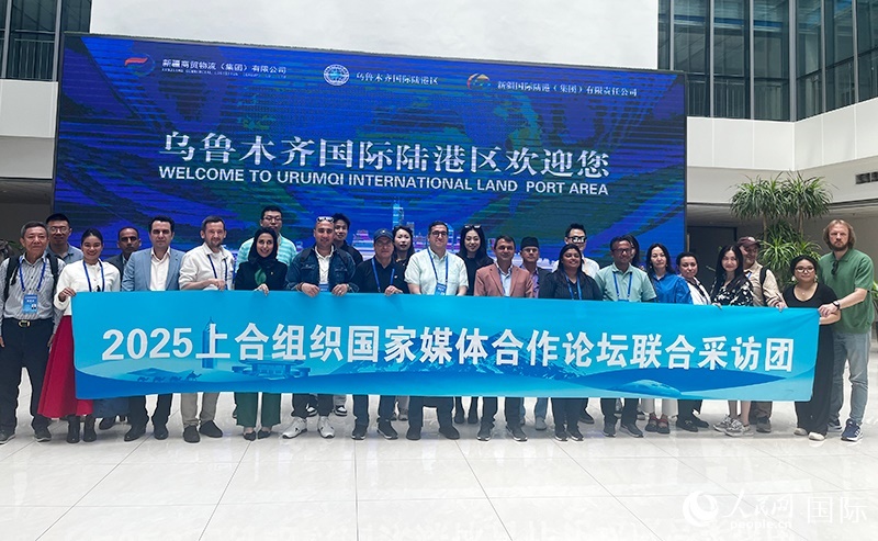 5月26日，外國(guó)媒體人在烏魯木齊國(guó)際陸港區(qū)合影留念。 人民網(wǎng)記者 翟轉(zhuǎn)麗攝