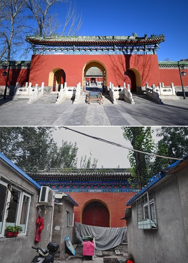 位于先農(nóng)壇內(nèi)的慶成宮，曾長時間被雜亂的民居占據(jù)。在北京中軸線申遺保護工作的帶動下，北京完成了慶成宮區(qū)域文物征收騰退、非文物建筑拆除、彩畫保護、本體修繕、展覽布陳等，讓560多年歷史的古建群重新回歸。2024年12月，北京中軸線上先農(nóng)壇內(nèi)的慶成宮首次面向社會公眾開放。上圖為騰退修繕后的慶成宮內(nèi)宮門（資料照片）；下圖為翻拍的慶成宮內(nèi)宮門騰退修繕前的資料照片（2024年12月21日攝）。